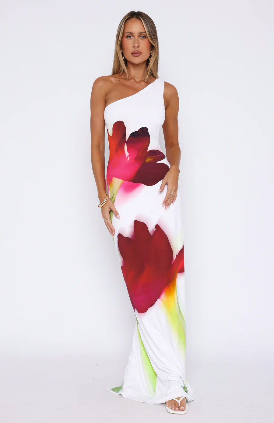 Einschultriges Maxikleid mit Blumenmuster in Weiß